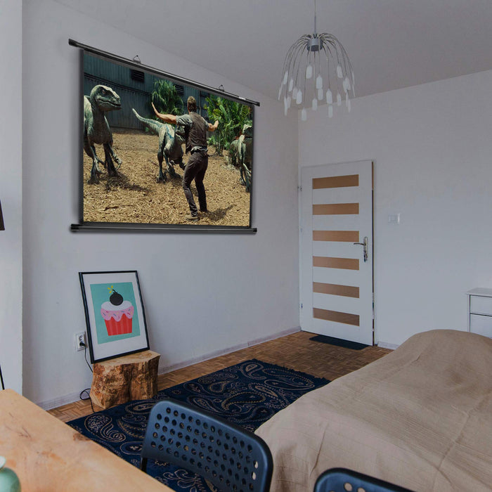 Zoomgoods BPS50/43 projection screen mounted on home wall watching movie jurassic park 