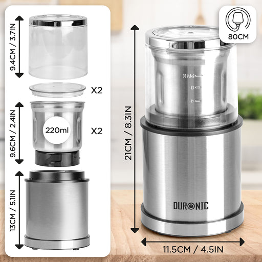 Zoomgoods CG421 stainless steel coffee grinder spice grinder for herbs beans nuts spices dimensions and UK plug cable