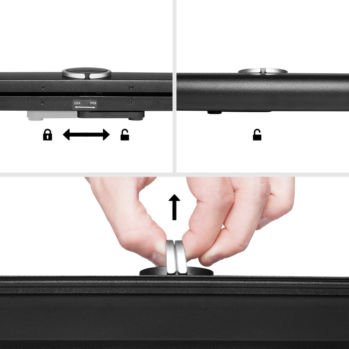 Zoomgoods DPS40/43 desktop screen for projection easy setup by holding silver rings on top and pulling up for desired height