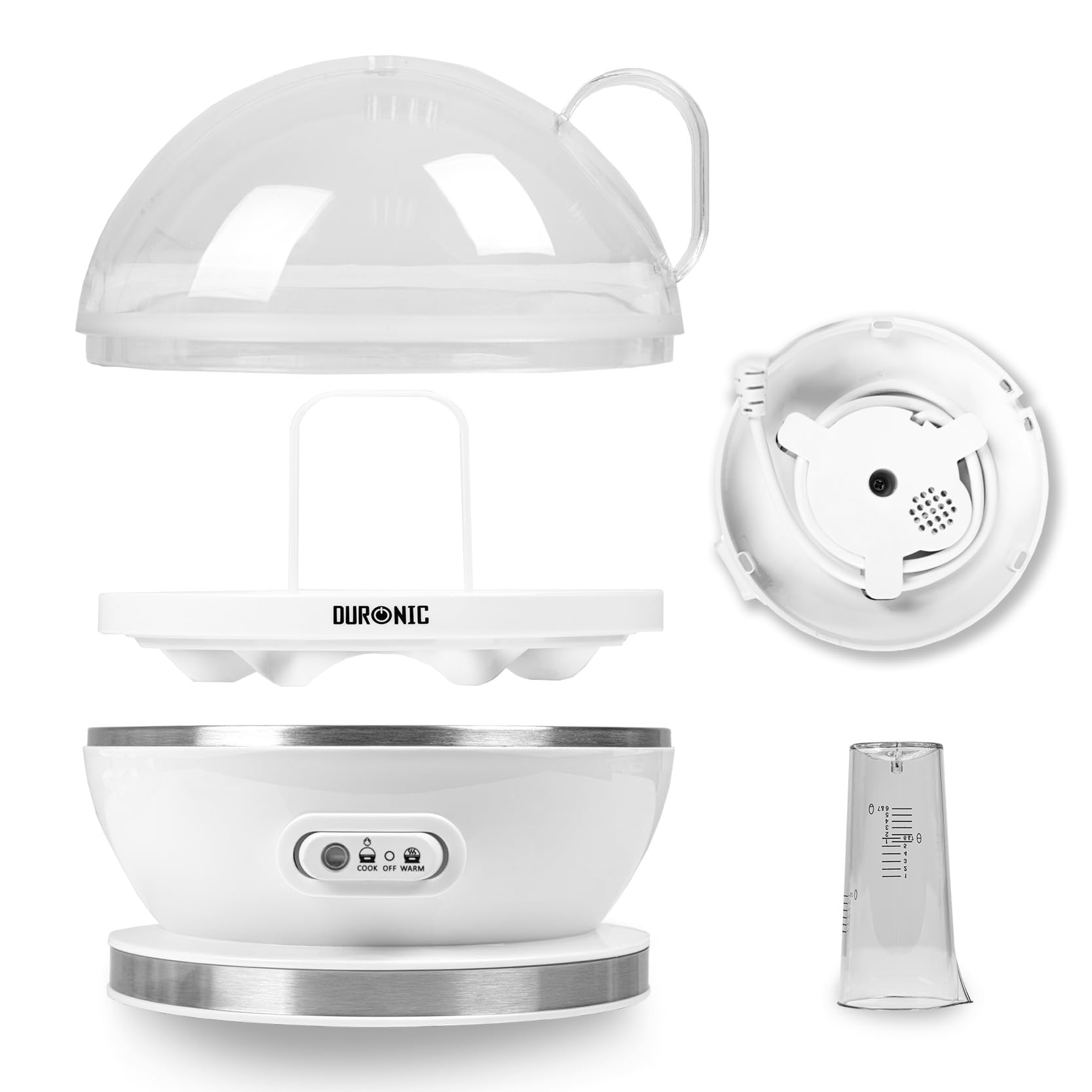 Zoomgoods EB27 WE electric egg boiler deconstructed to show each different element along with measuring cup to cook eggs