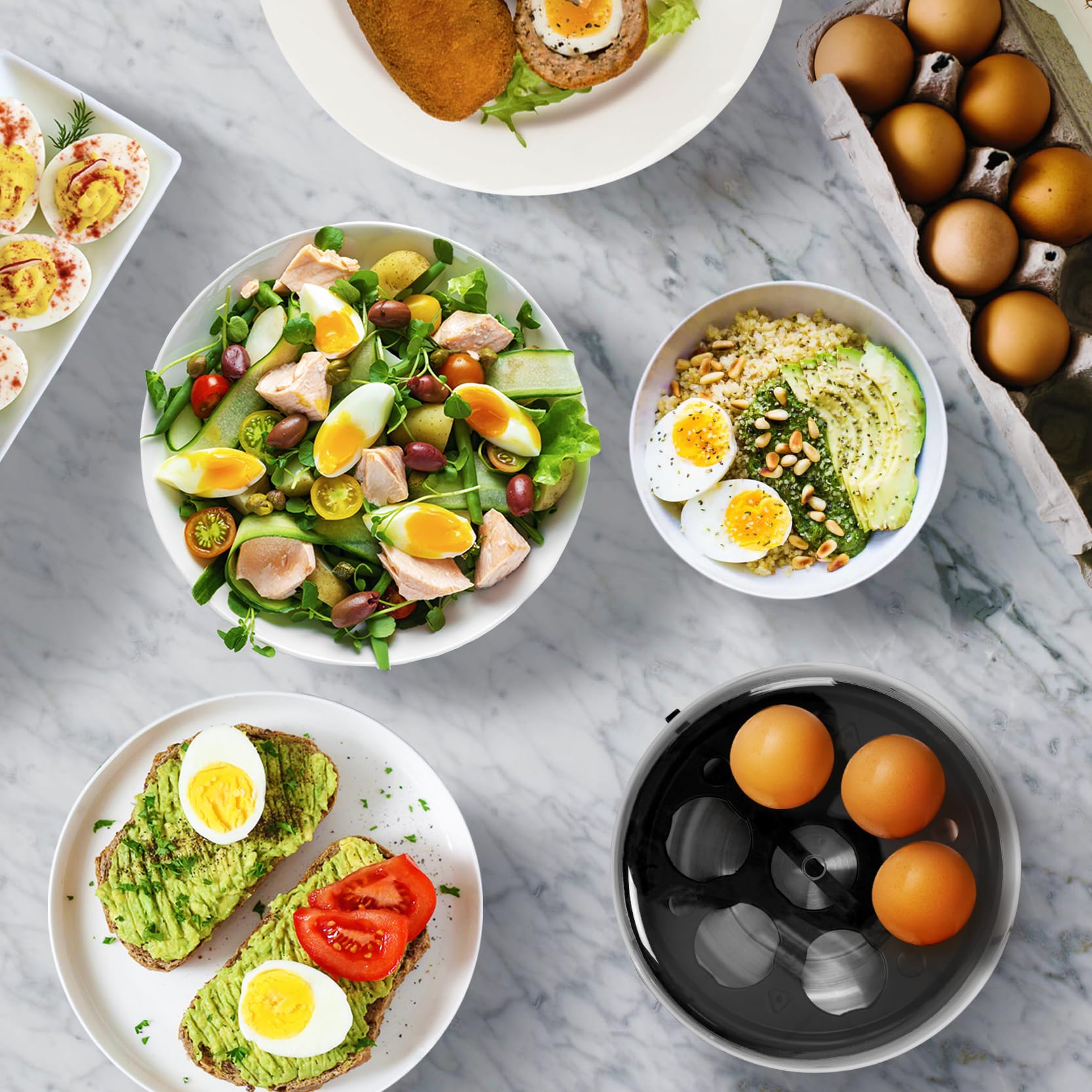 Zoomgoods EB35 BK electric egg boiler surrounded by meals created using it, including egg salad, avocado egg toast, protein bowl
