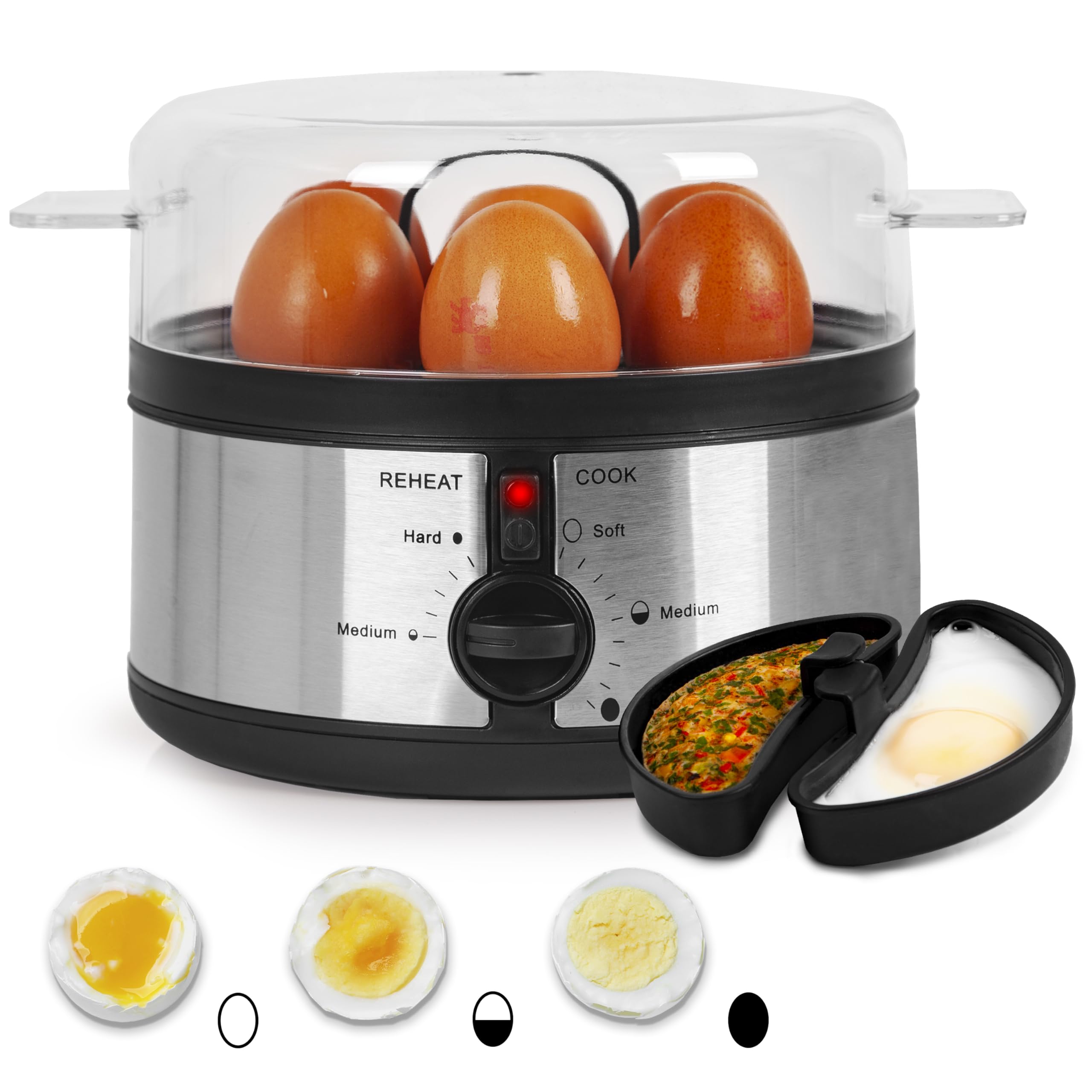 Zoomgoods EB35 BK electric egg boiler to cook 7 eggs at once, whether its soft, medium or hard boiled eggs including omelette trays