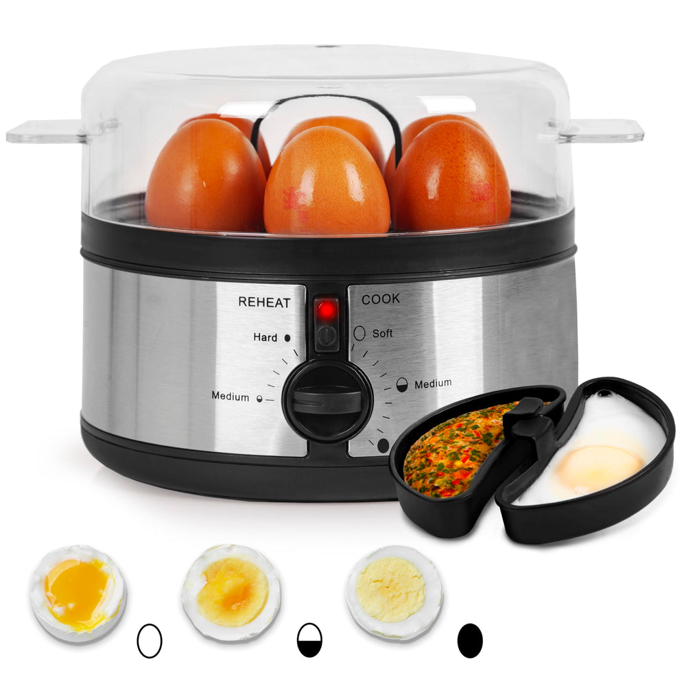 Zoomgoods EB35 BK electric egg boiler to cook 7 eggs at once, whether its soft, medium or hard boiled eggs including omelette trays