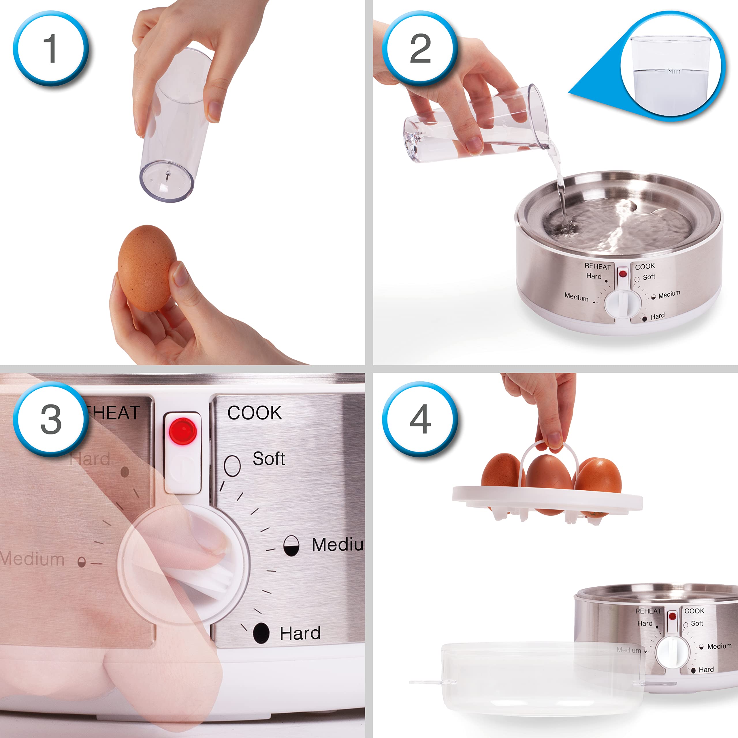 Zoomgoods EB35 WE egg boiler instructions how to cook 7 eggs soft boiled, medium boiled, or hard boiled