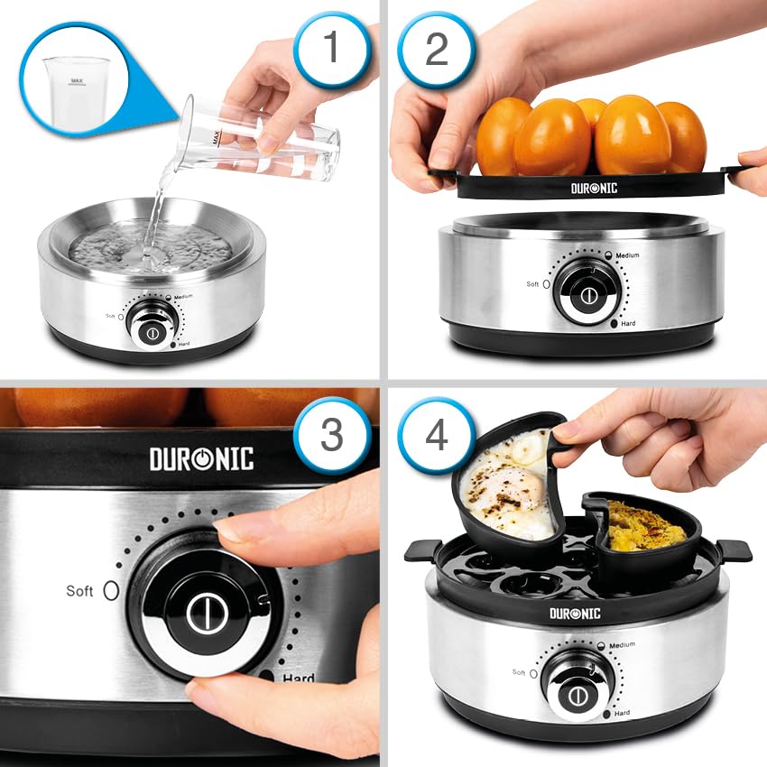 Zoomgoods EB40 BK electric egg boiler step-by-step instructions showing how to cook perfect delicious eggs