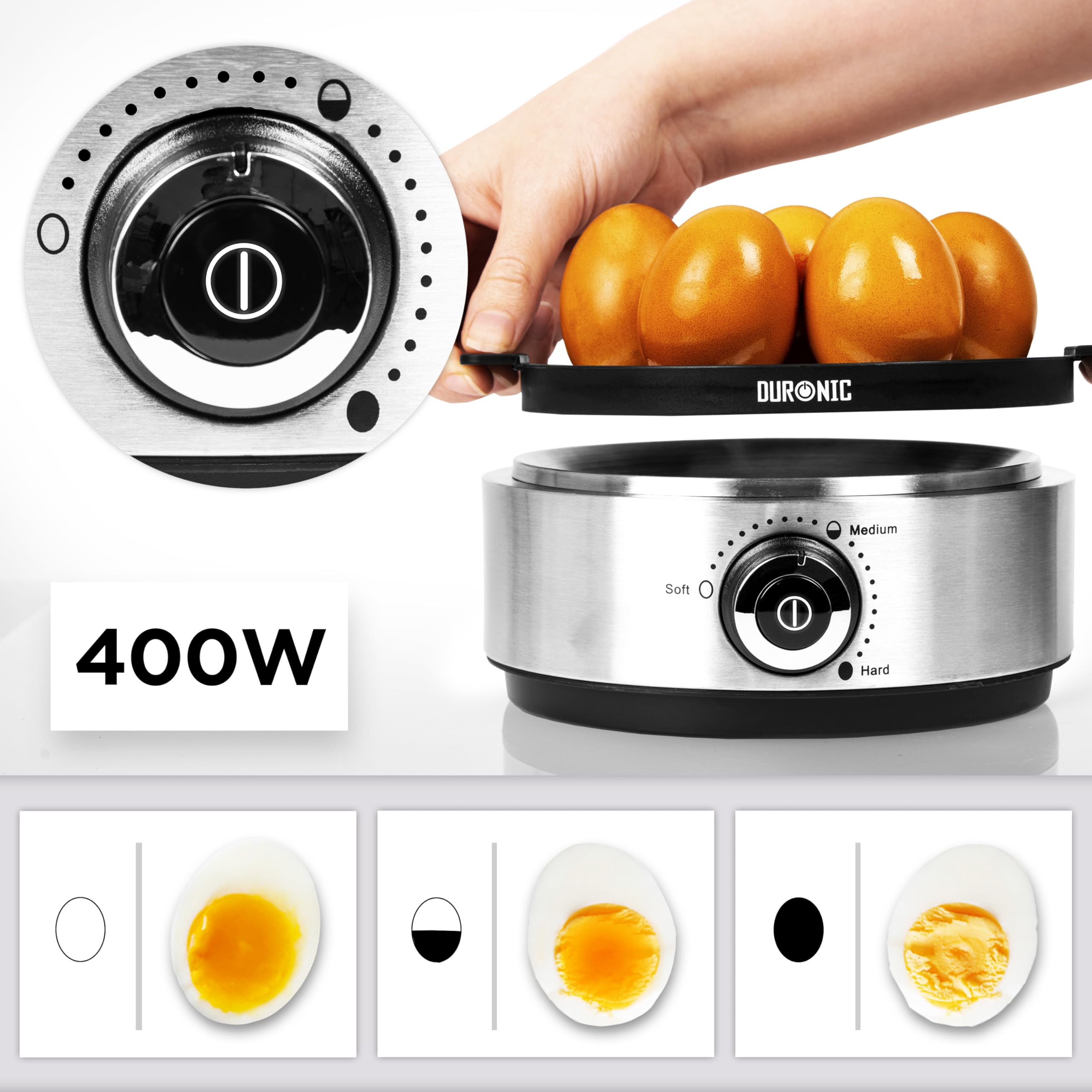 Zoomgoods EB40 BK electric egg boiler with 400W wattage to cook 7 eggs - soft-boiled, medium-boiled, or hard-boiled