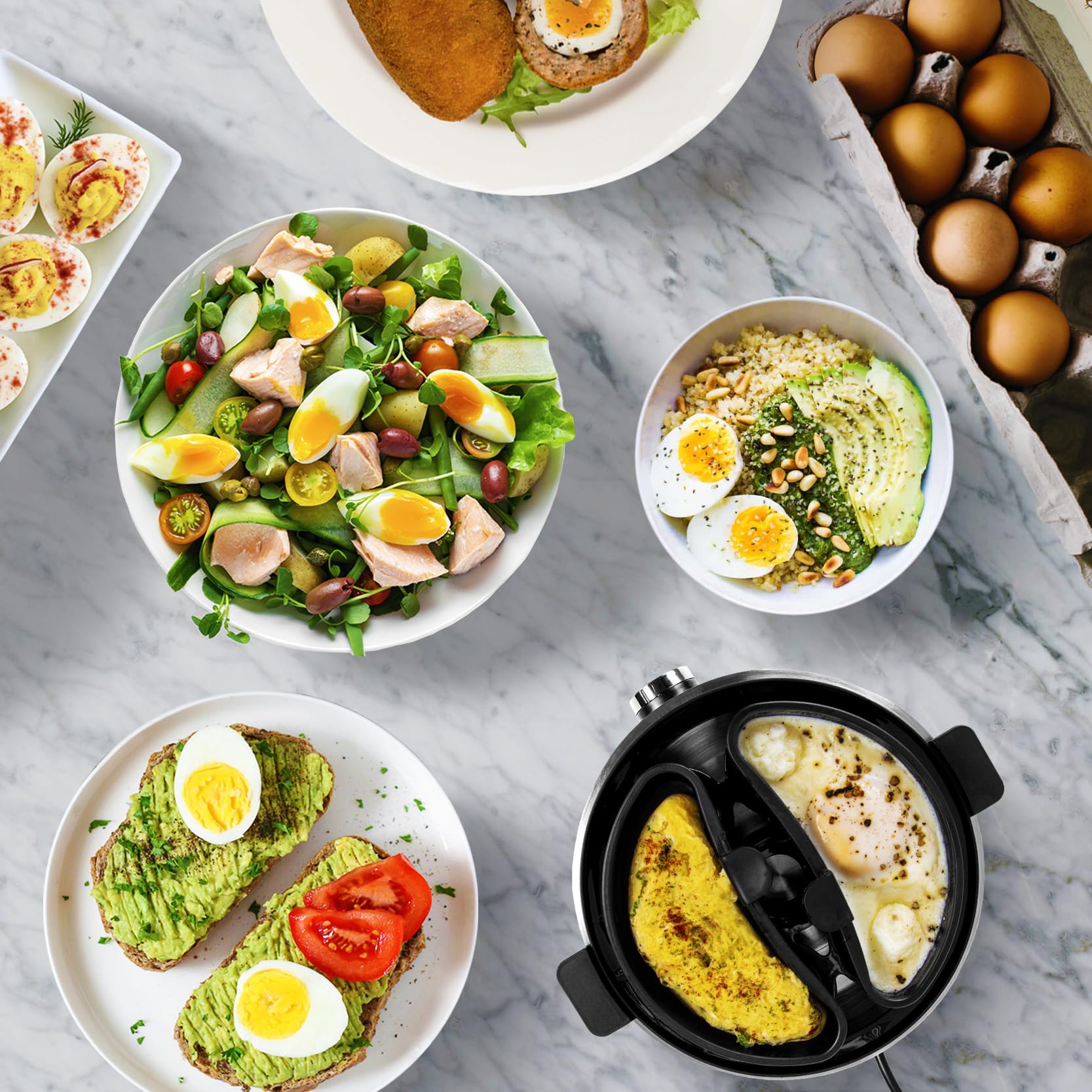 Zoomgoods EB40 BK electric egg cooker surrounded by dishes made using it, such as egg salad, avocado egg on toast, protein bowl