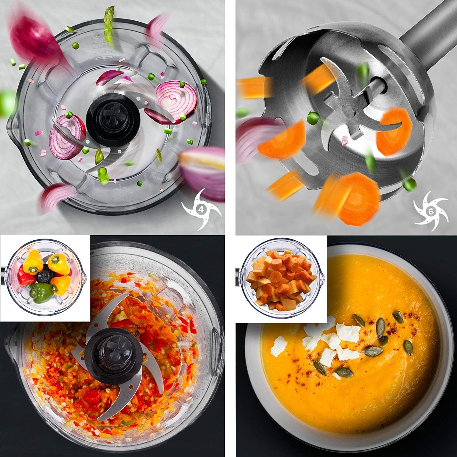 Zoomgoods HB8010 hand stick blender blending onions, carrots, peppers, pumpkins into soup