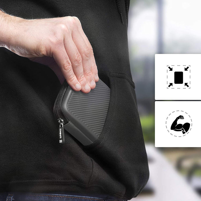 Zoomgoods HDC2 /GY portable hard drive case shown being lightweight and placed into hoodie pocket