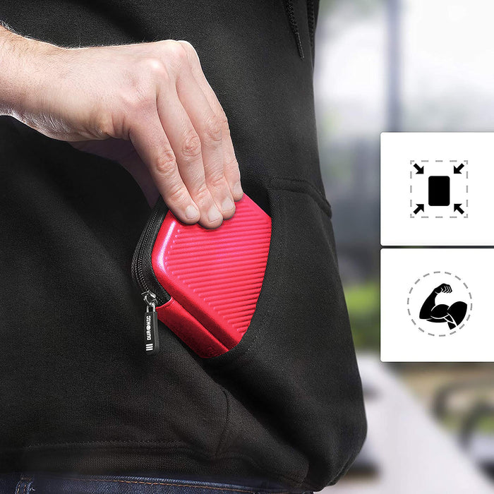 Zoomgoods HDC2 /RD red portable hard drive case being placed in a pocket to show how lightweight and portable it is