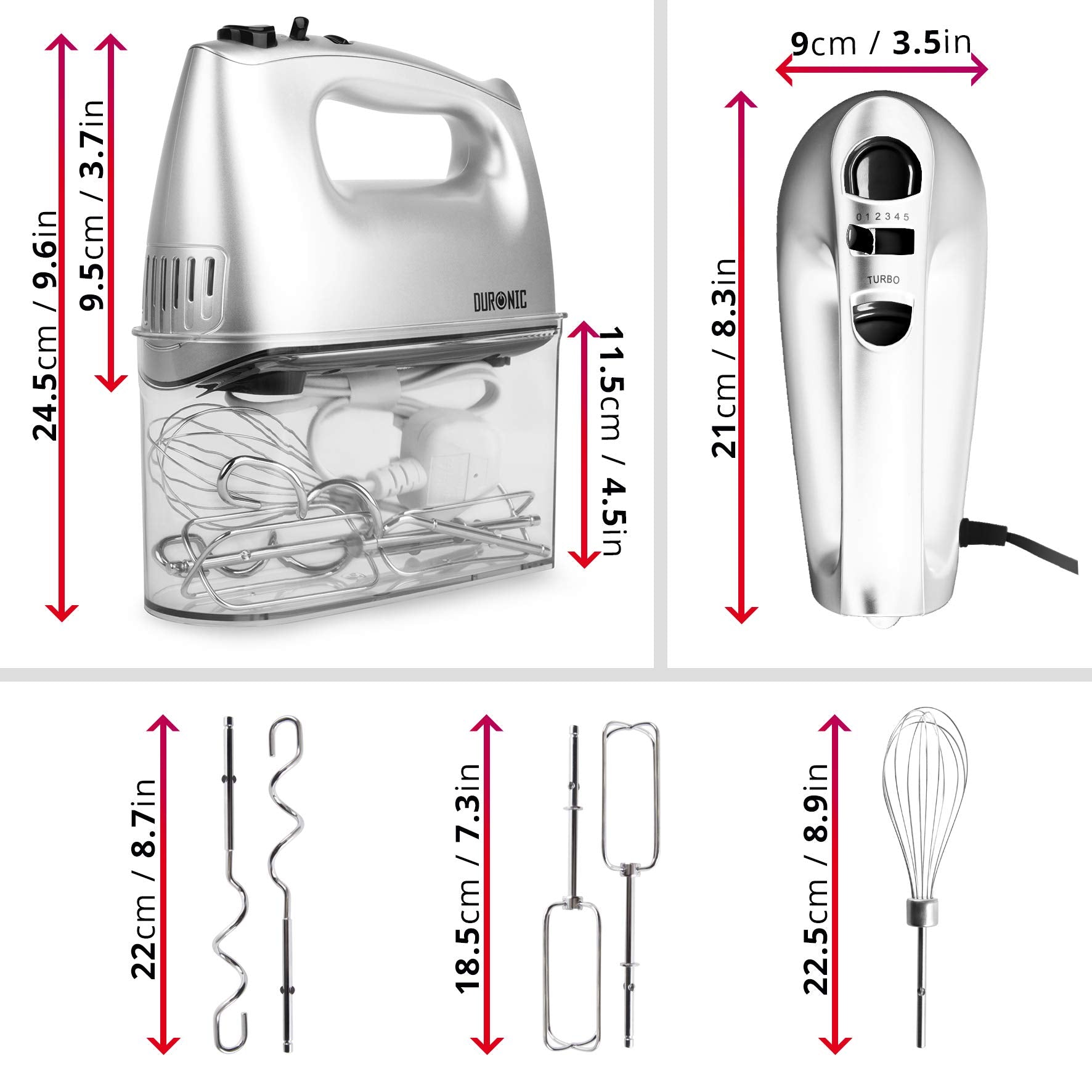 Zoomgoods HM4 SR portable hand mixer dimensions height, length, width, depth and attachments with different settings