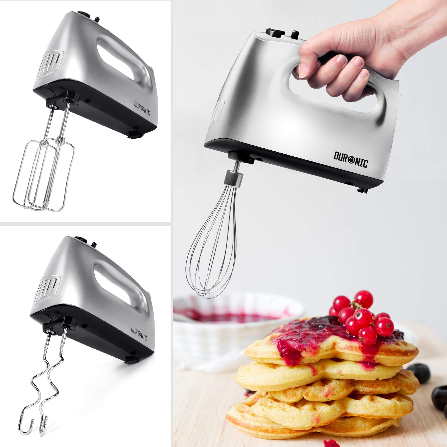 Zoomgoods HM4 SR stainless steel hand mixer mixing ingredients for waffles and toppings with cherries