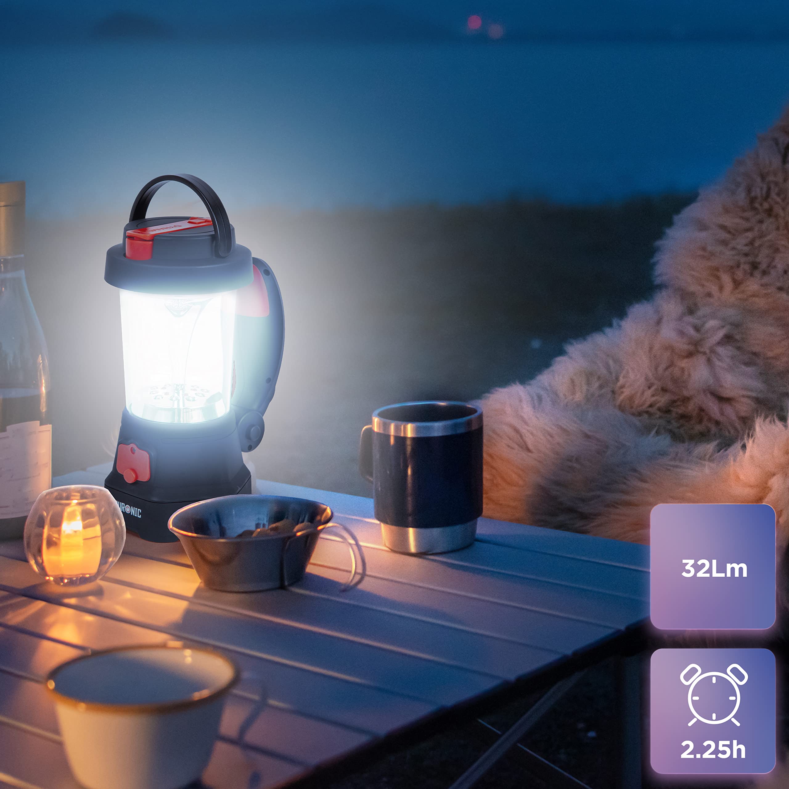 Zoomgoods Hurricane camping torch placed on a table at night outdoors lantern mode with 32 Lumens and 2.25 hours runtime