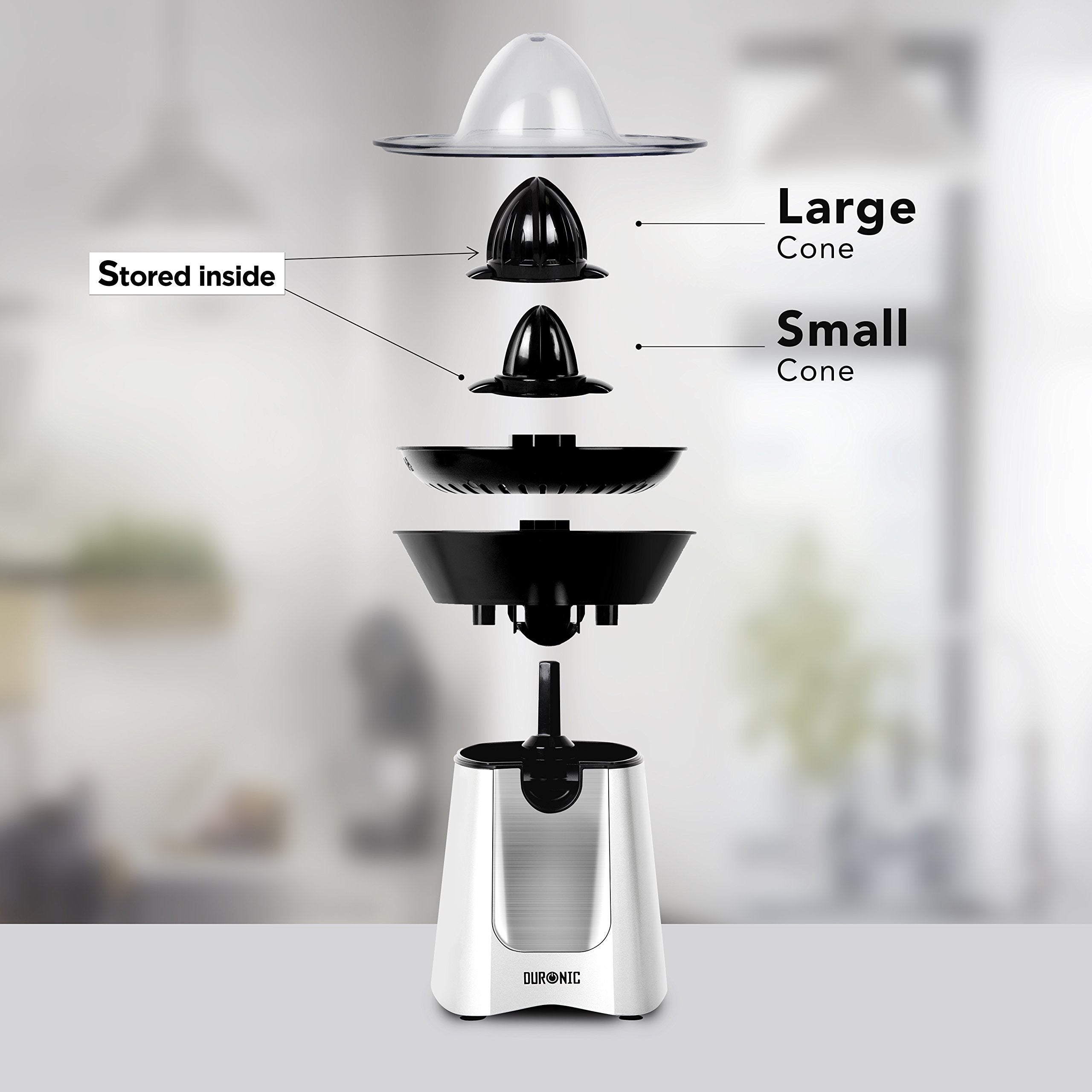 Zoomgoods JE6SR electric citrus juicer deconstructed to highlight each individual part