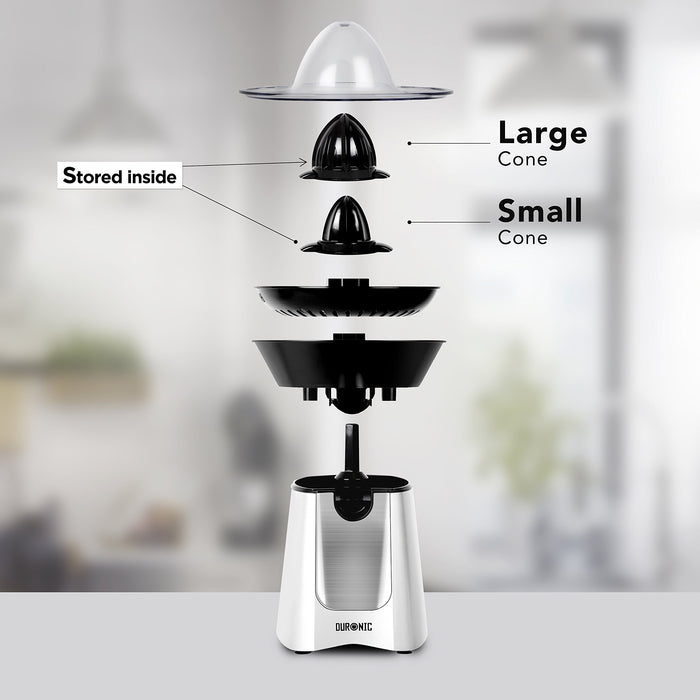 Zoomgoods JE6SR electric citrus juicer deconstructed to highlight each individual part