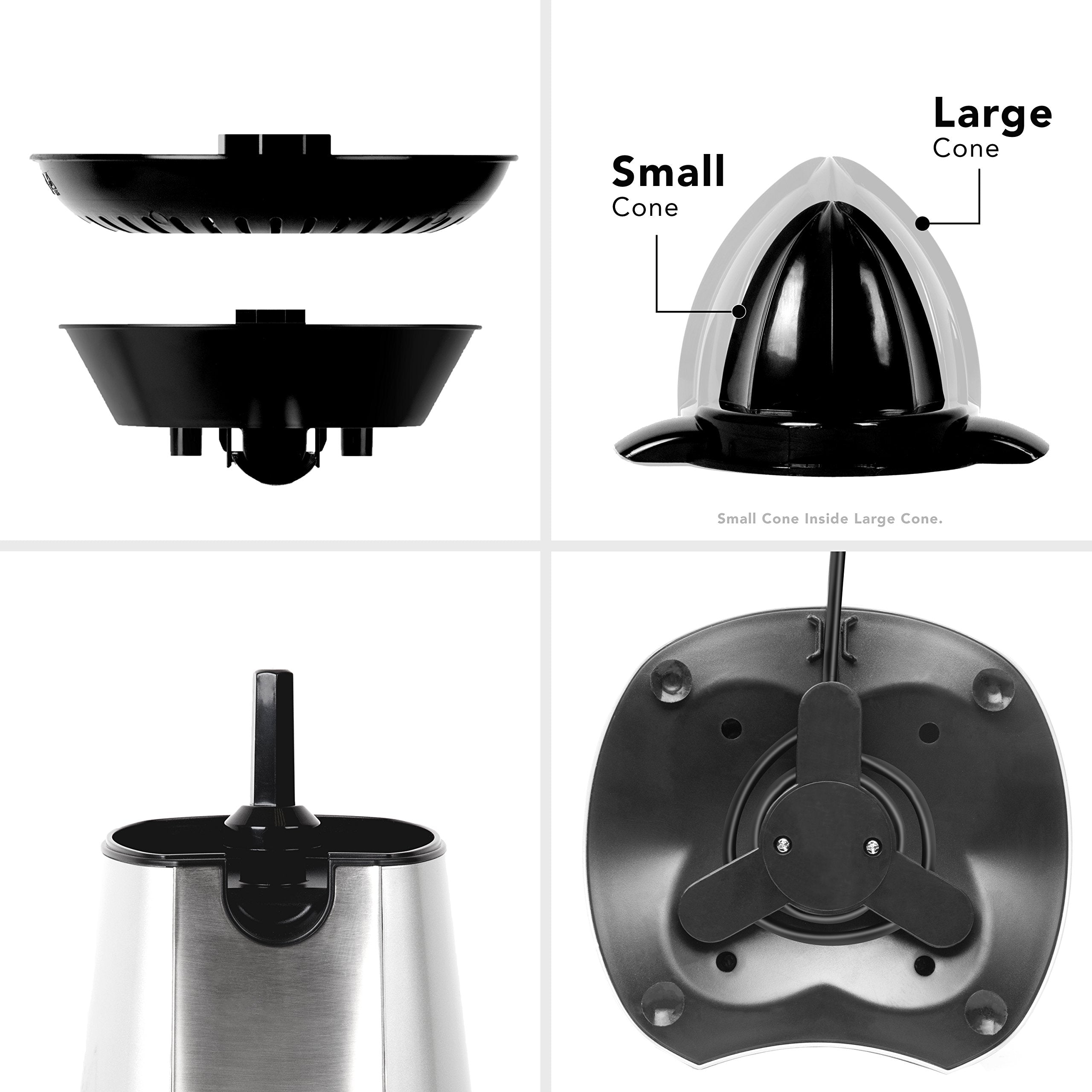 Zoomgoods JE6SR electric citrus juicer with 2 interchangeable cones for different fruits like lemons, limes, oranges, grapefruits