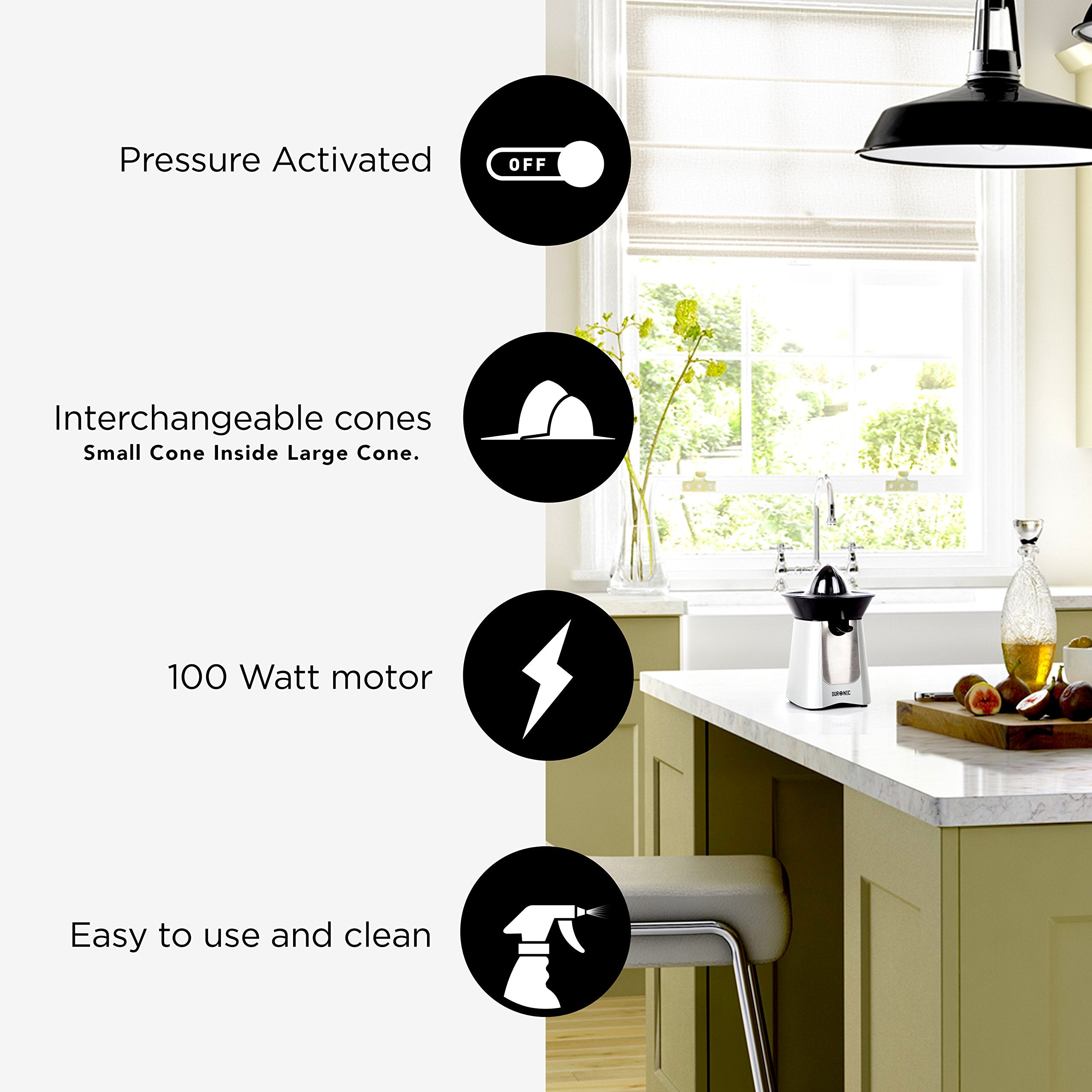 Zoomgoods JE6SR electric citrus juicer with interchangeable cones and 100W motor while showing its ease to use and clean