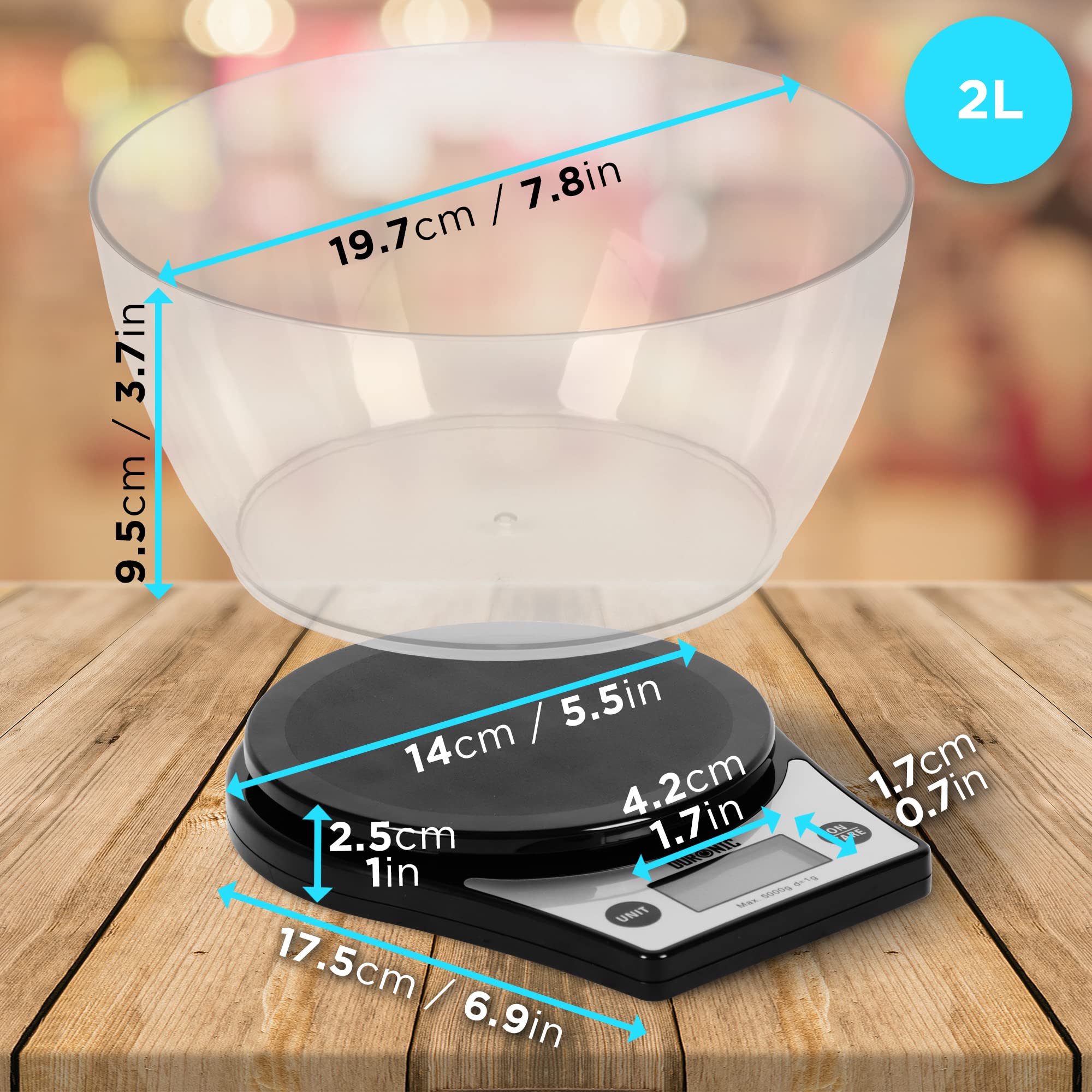 Zoomgoods KS6000 digital kitchen scale dimensions of height, length, width, depth with 2L measuring bowl