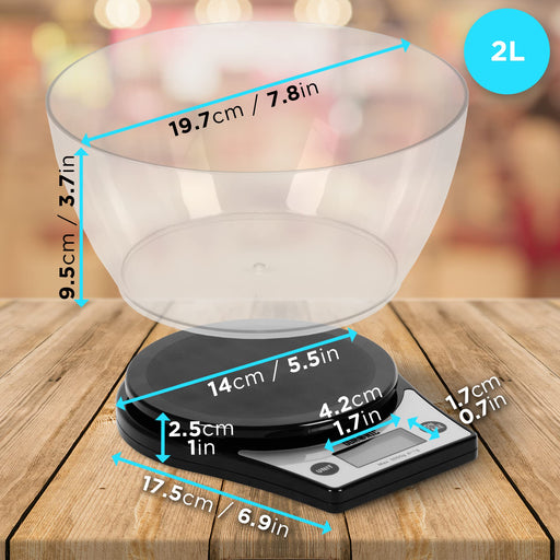 Zoomgoods KS6000 digital kitchen scale dimensions of height, length, width, depth with 2L measuring bowl