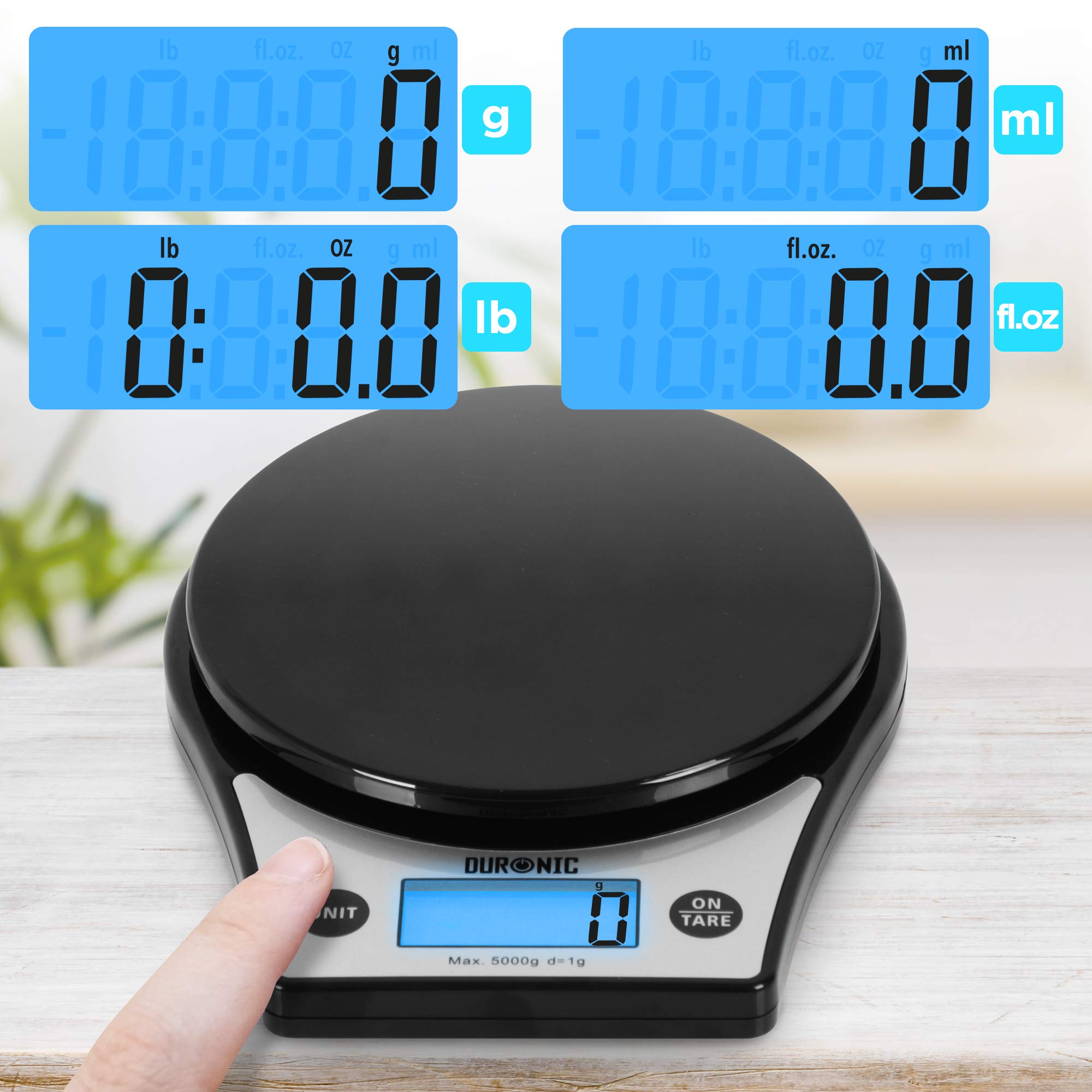 Zoomgoods KS6000 digital kitchen scale with unit button to switch between measurements of grams, millilitres, pounds, ounces, fluid ounces