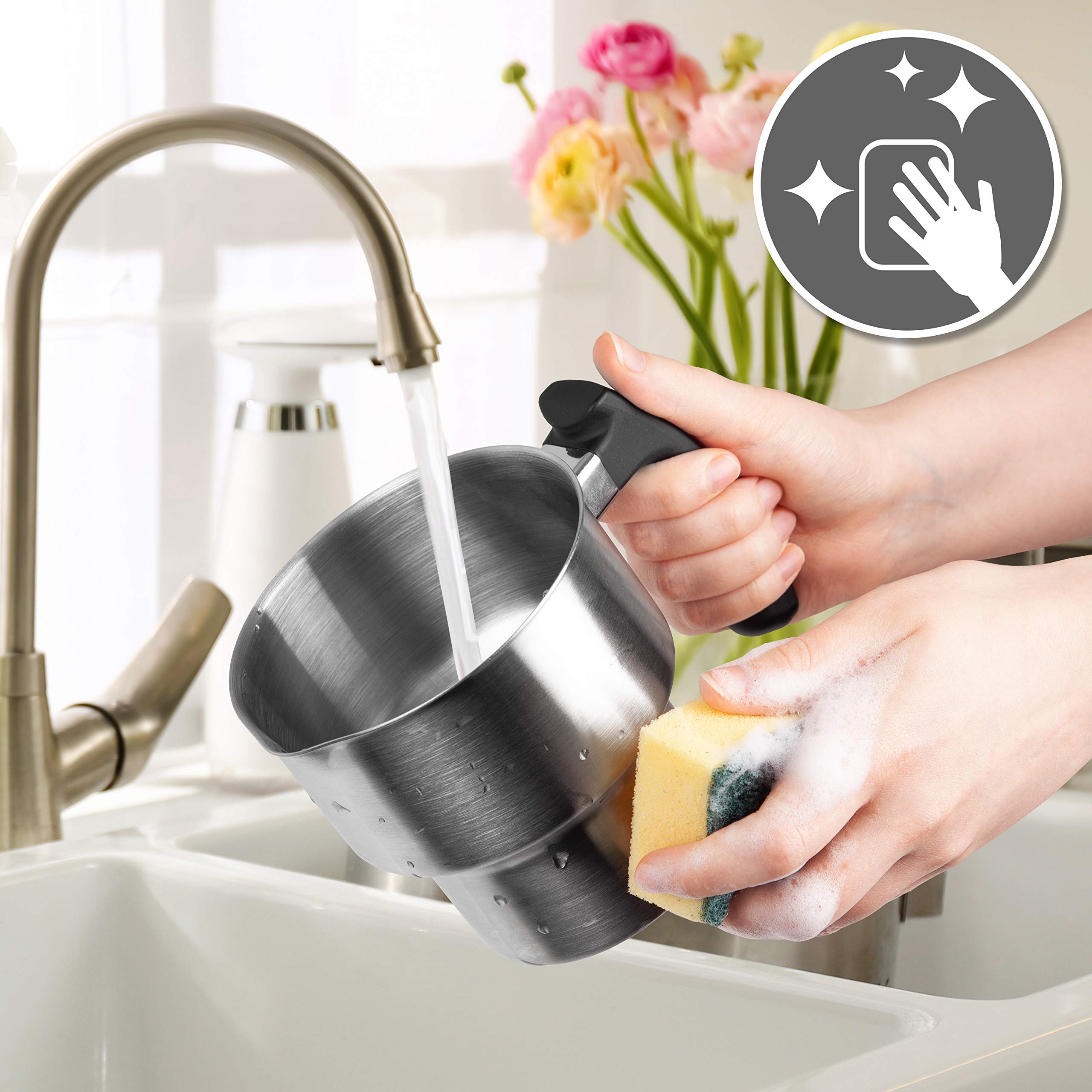 Zoomgoods MF500 BK electric milk frother shown being hand-washed, depicting how easy it is to clean whether that's by hand washing, or by using a dishwasher