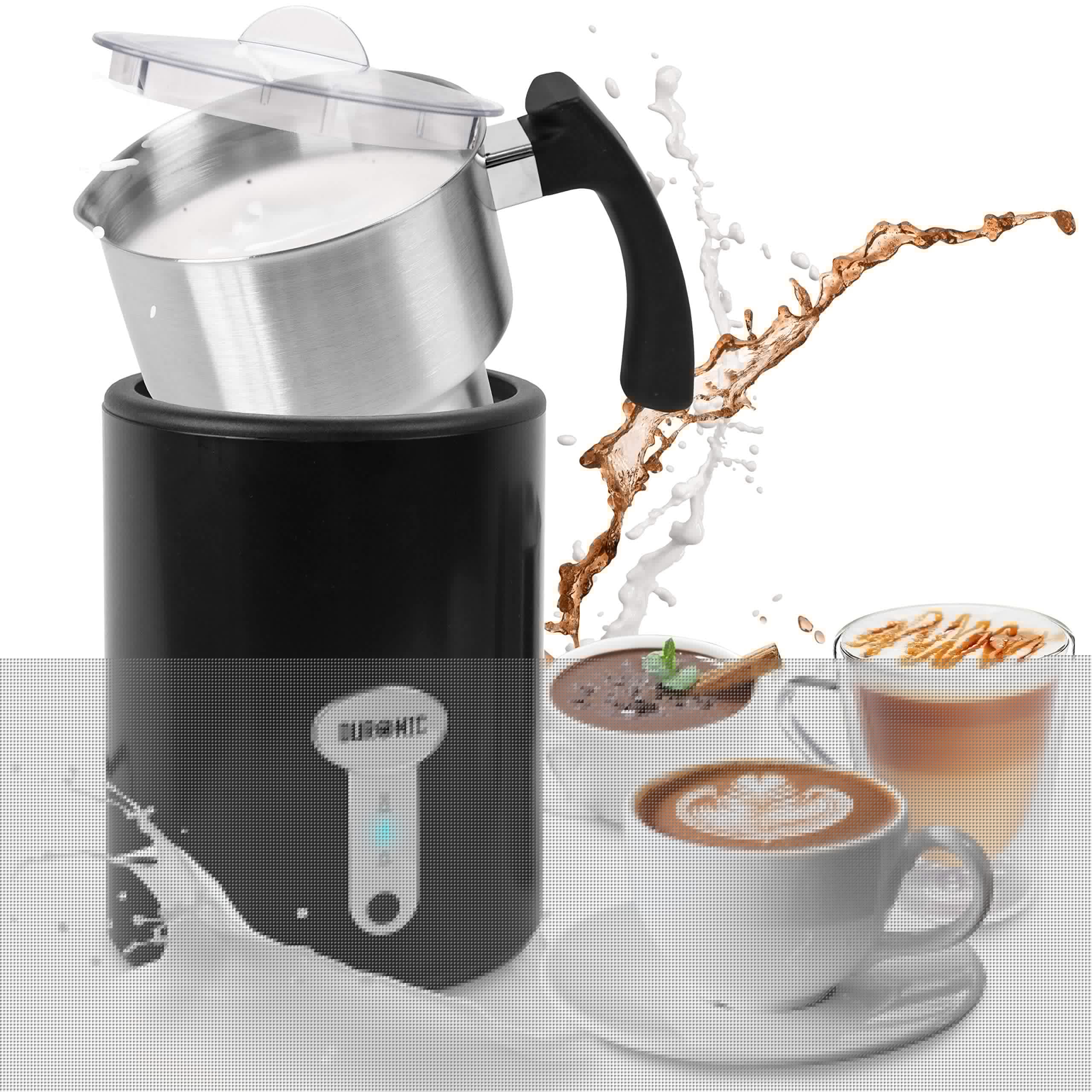 Zoomgoods MF500 BK electric milk frother surrounded by hot chocolate, tea and coffee