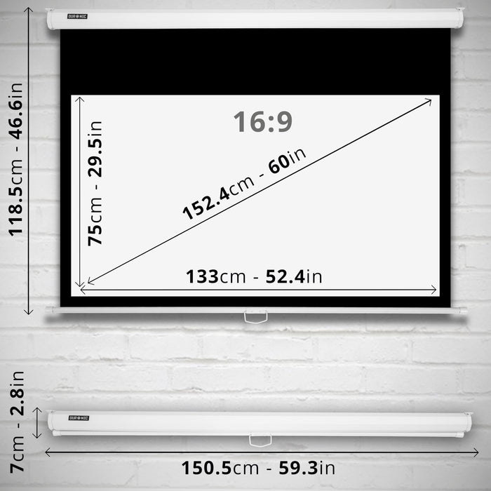 Zoomgoods MPS60 /43 WE HD projector screen dimensions showing height, width, length and depth