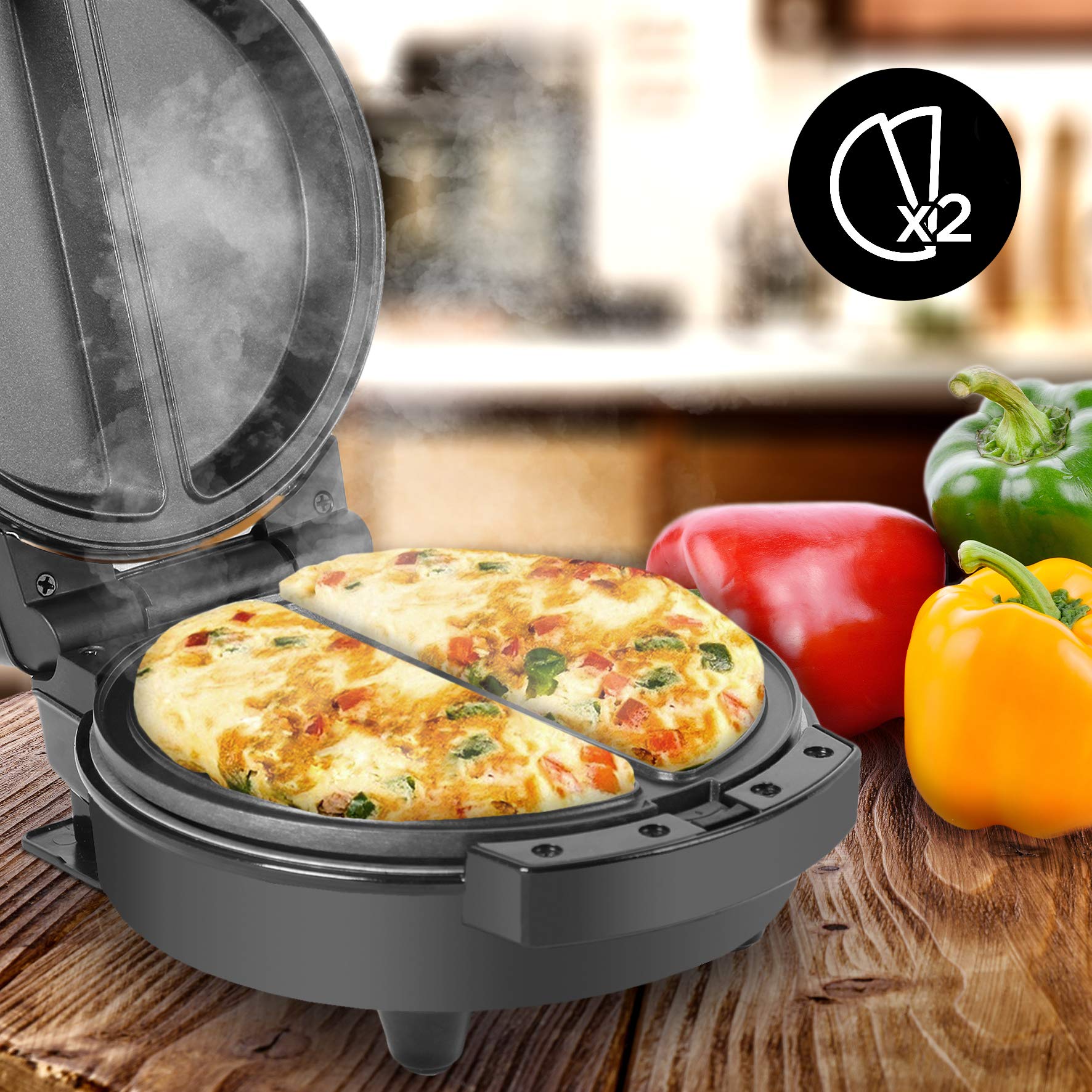 Zoomgoods OM60 electric egg cooker with 2 non-stick deep-fill omelette wells to cook 2 omelettes at a time