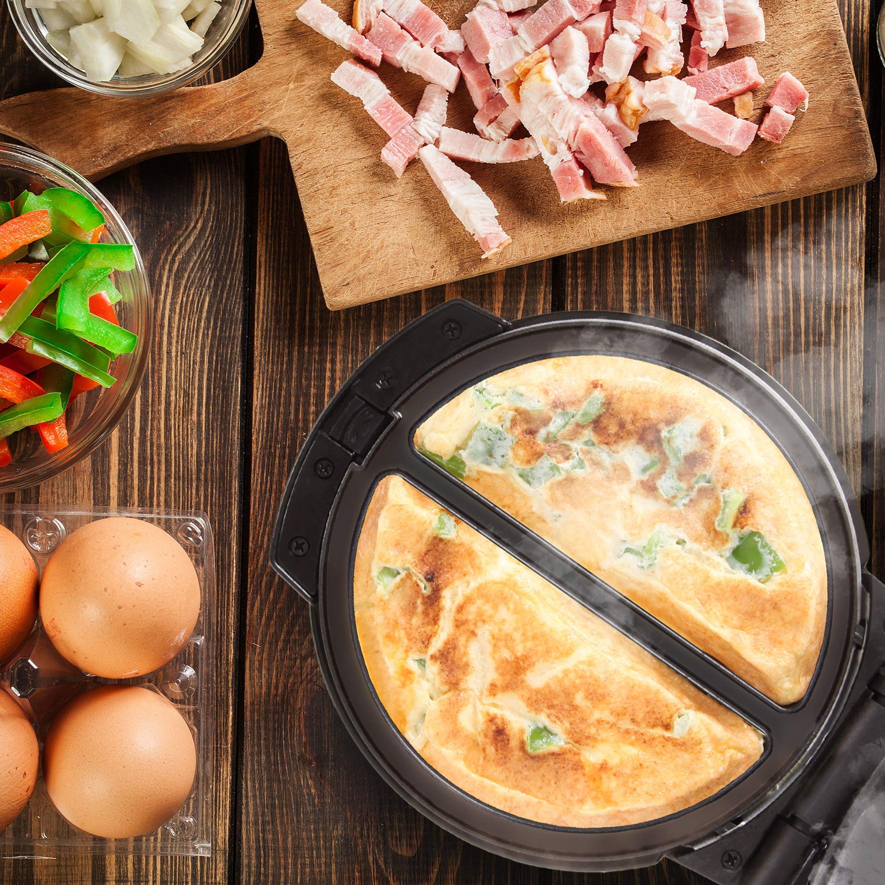 Zoomgoods OM60 electric omelette pan cooking delicious omelettes surrounded by ingredients like peppers, meat
