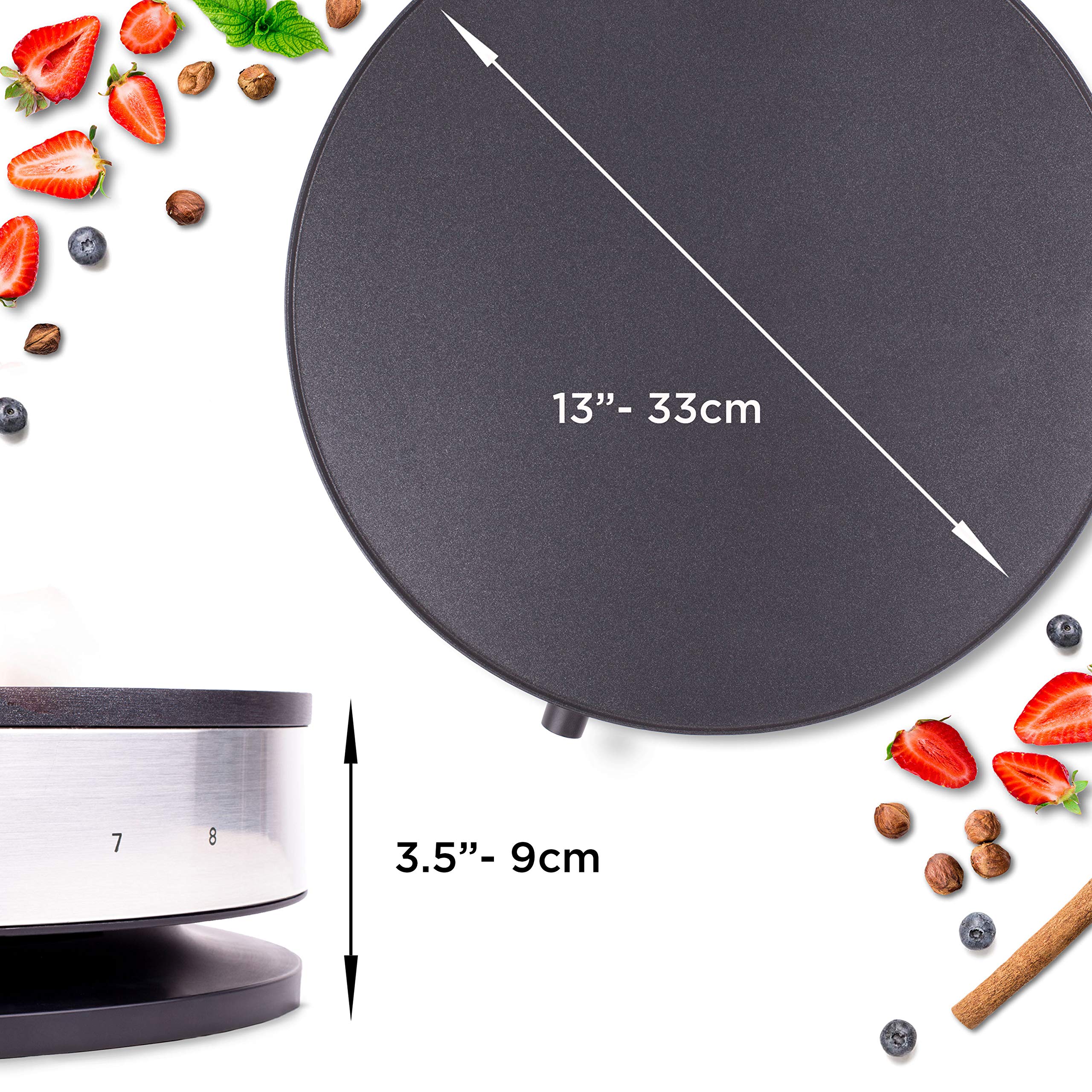 Zoomgoods PM131 electric crepe maker machine dimensions of the heating pan surrounded by ingredients