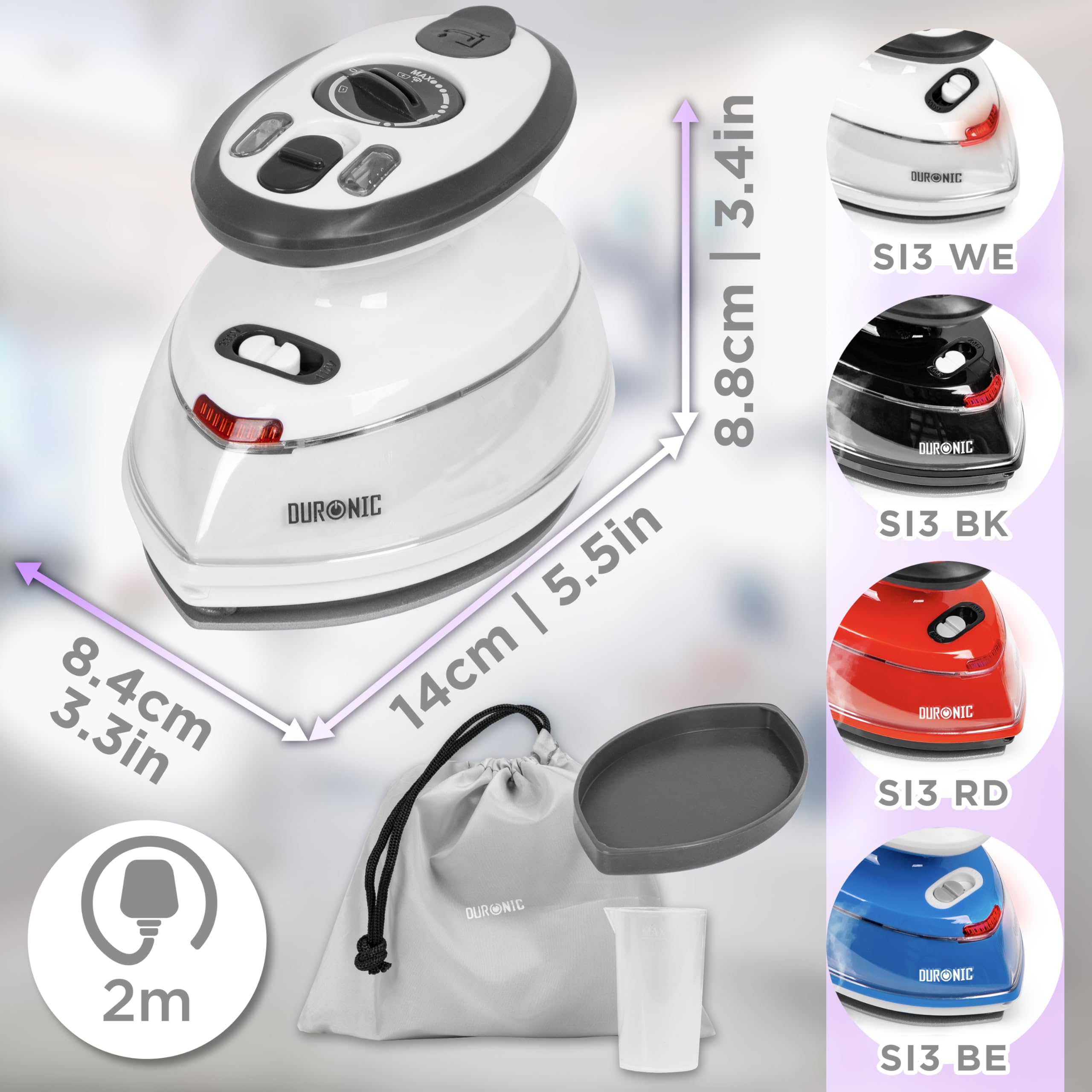 Zoomgoods SI3 travel iron dimensions height, length, width, available in different variations under SI3 WE, SI3 BK, SI3 RD, SI3 BE