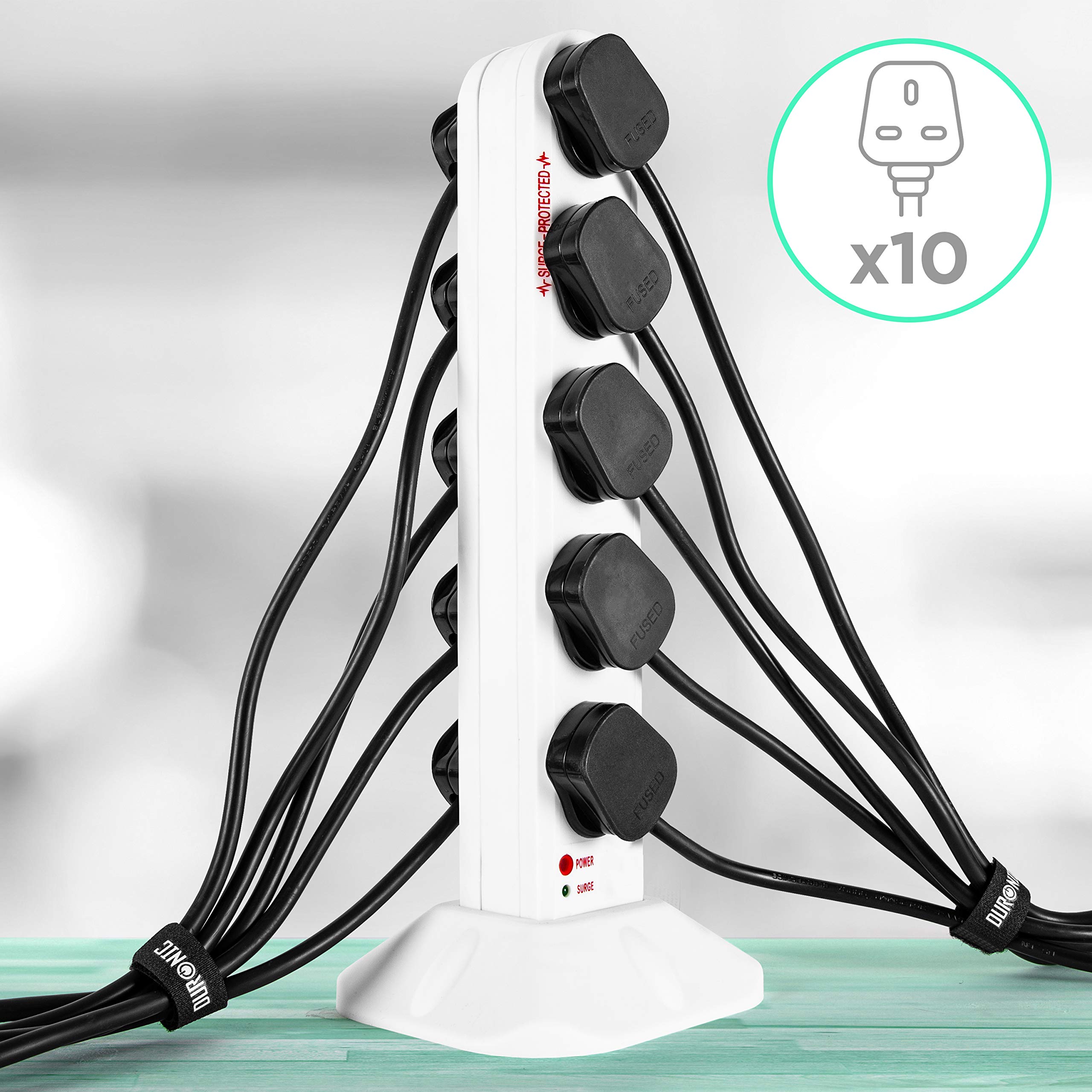 Zoomgoods ST10W surge tower with 10 sockets for UK plugs for laptop, tv, phone charging, gaming
