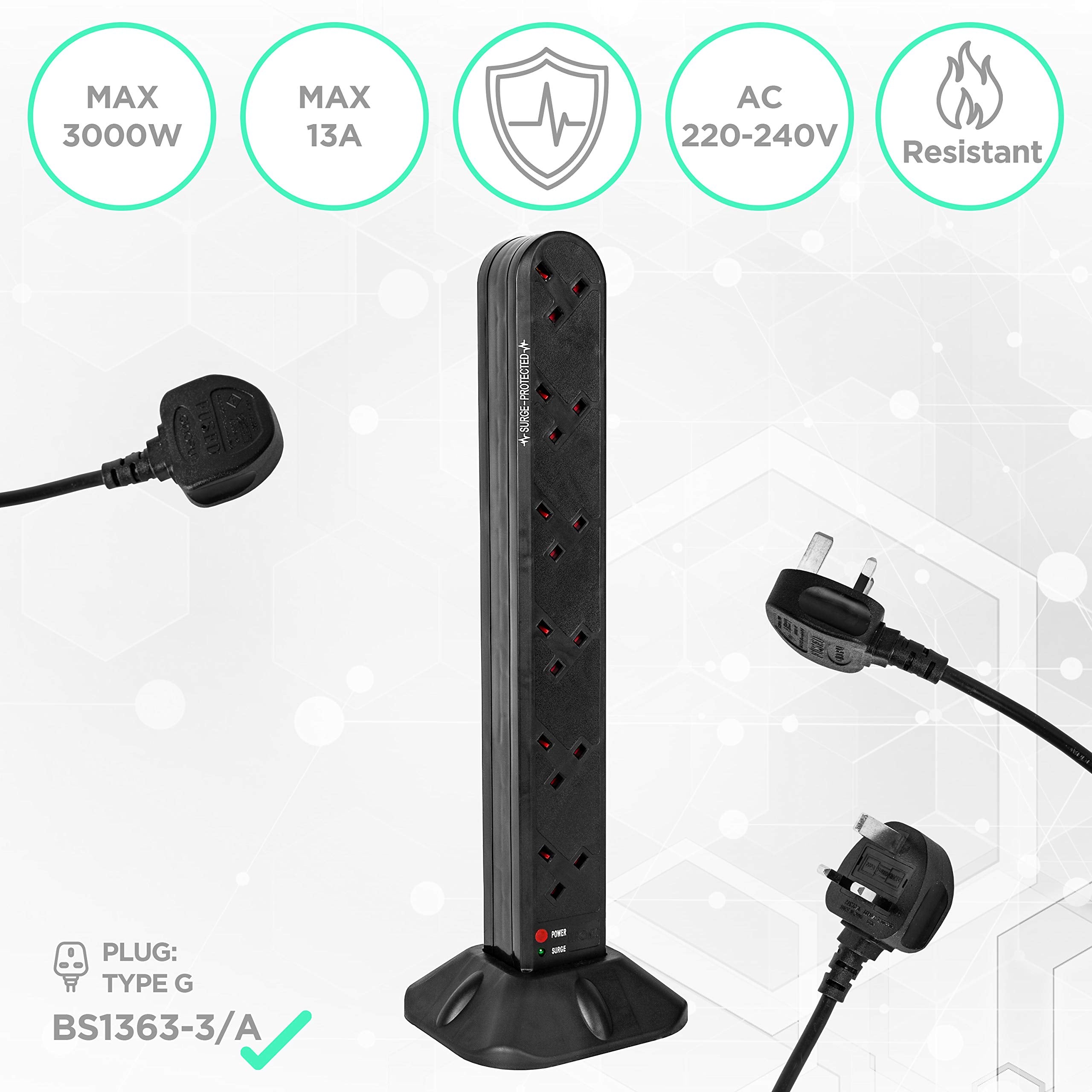 Zoomgoods ST12B 12 sockets for UK plugs maximum wattage 3000W flame resistant for tv, gaming, laptop