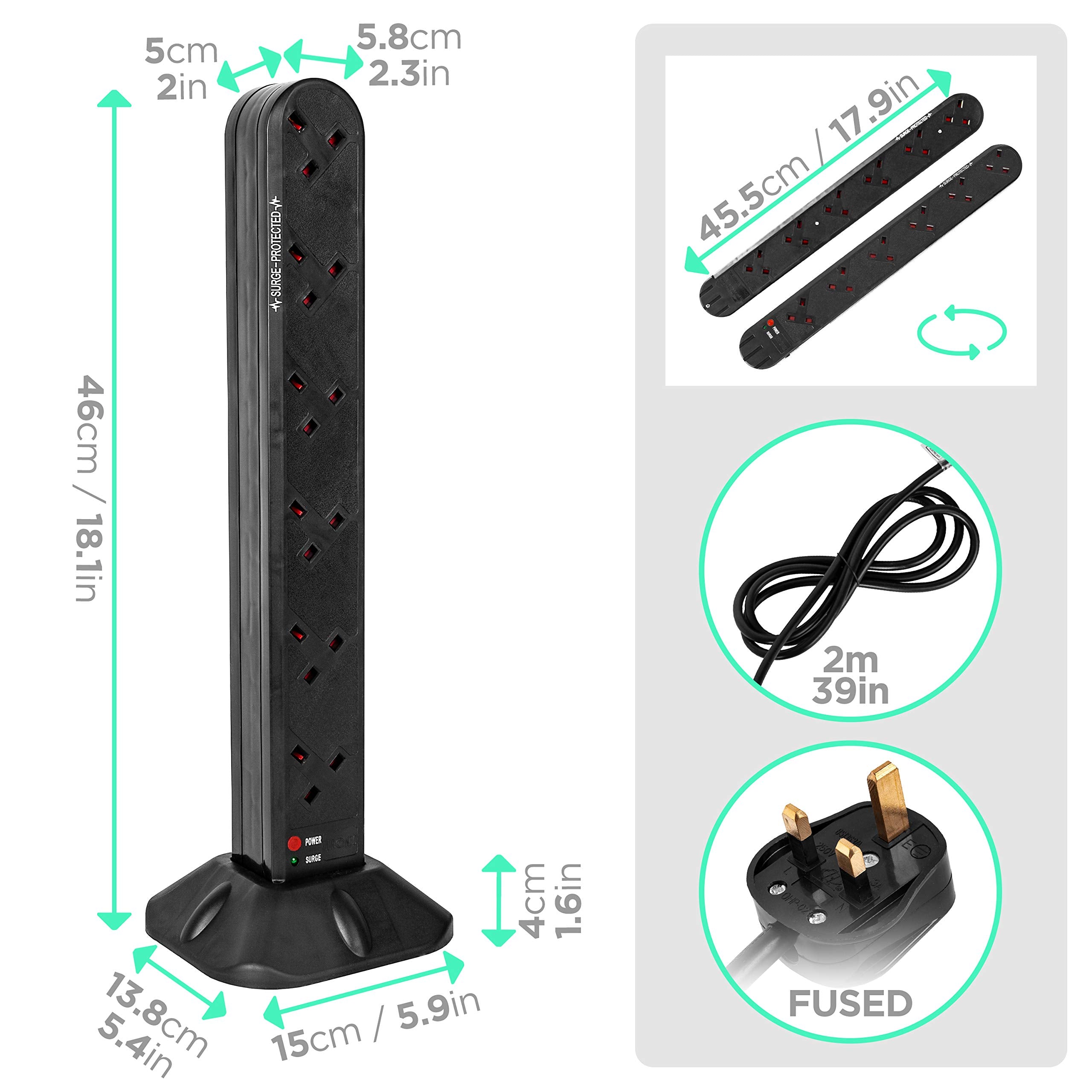 Zoomgoods ST12B surge tower dimensions length, height, width, depth with UK BS plug