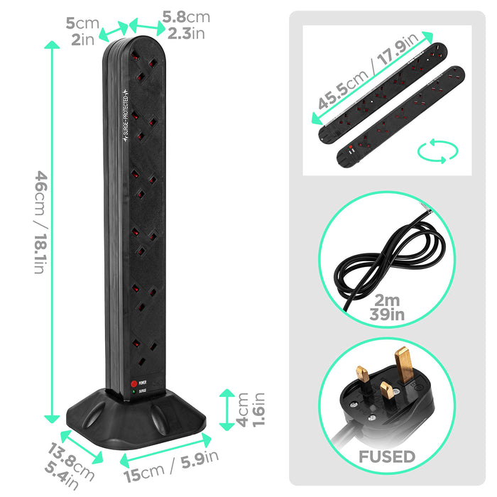 Zoomgoods ST12B surge tower dimensions length, height, width, depth with UK BS plug
