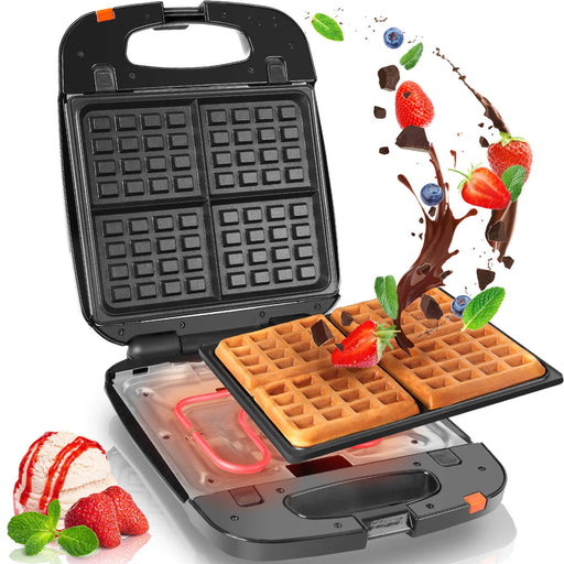 Zoomgoods WM60 electric waffle maker cooking waffles with toppings like chocolate, strawberries, blueberries