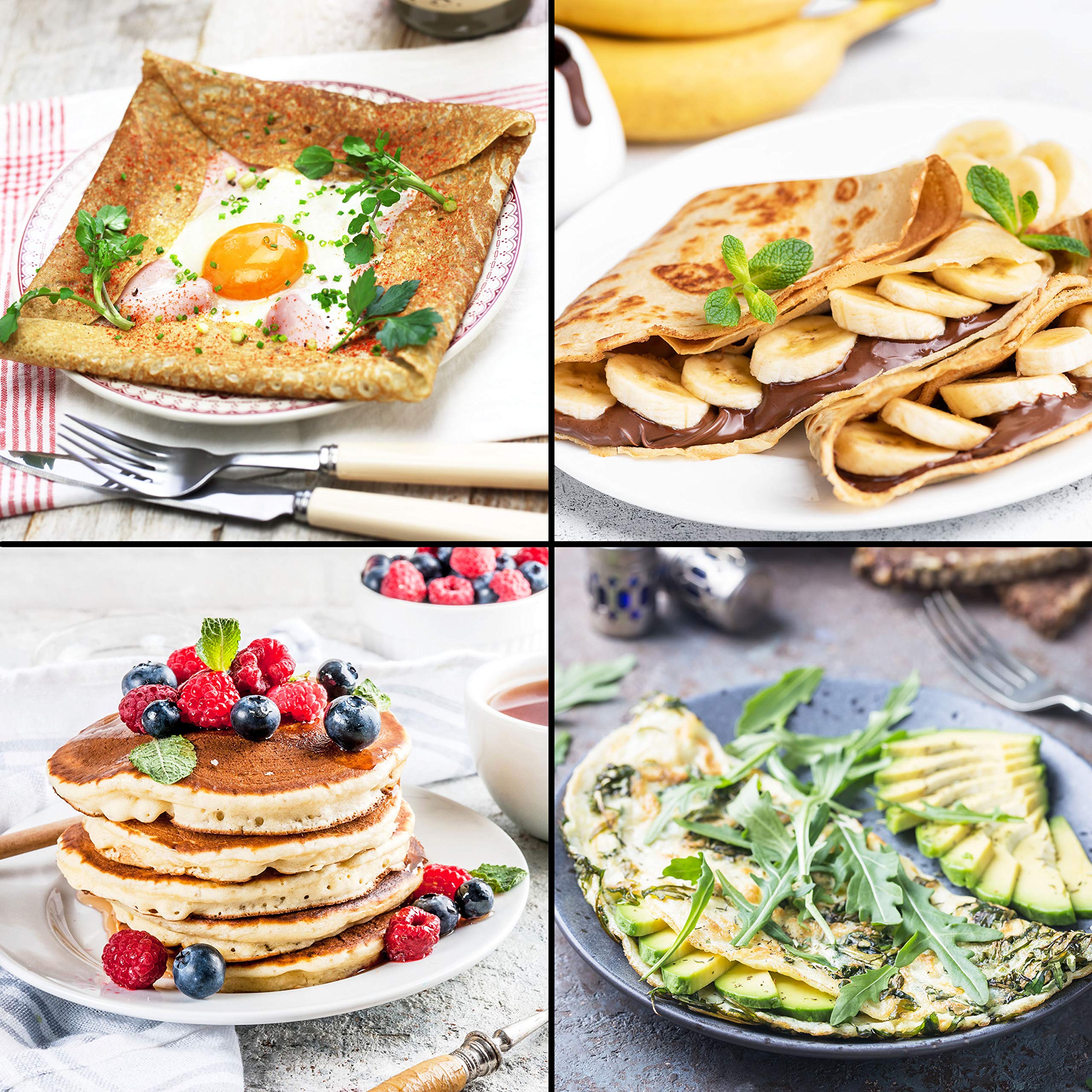 Sweet and savoury crepes for breakfast, lunch, dinner, snacking, made using the Zoomgoods PM131 electric pancake machine