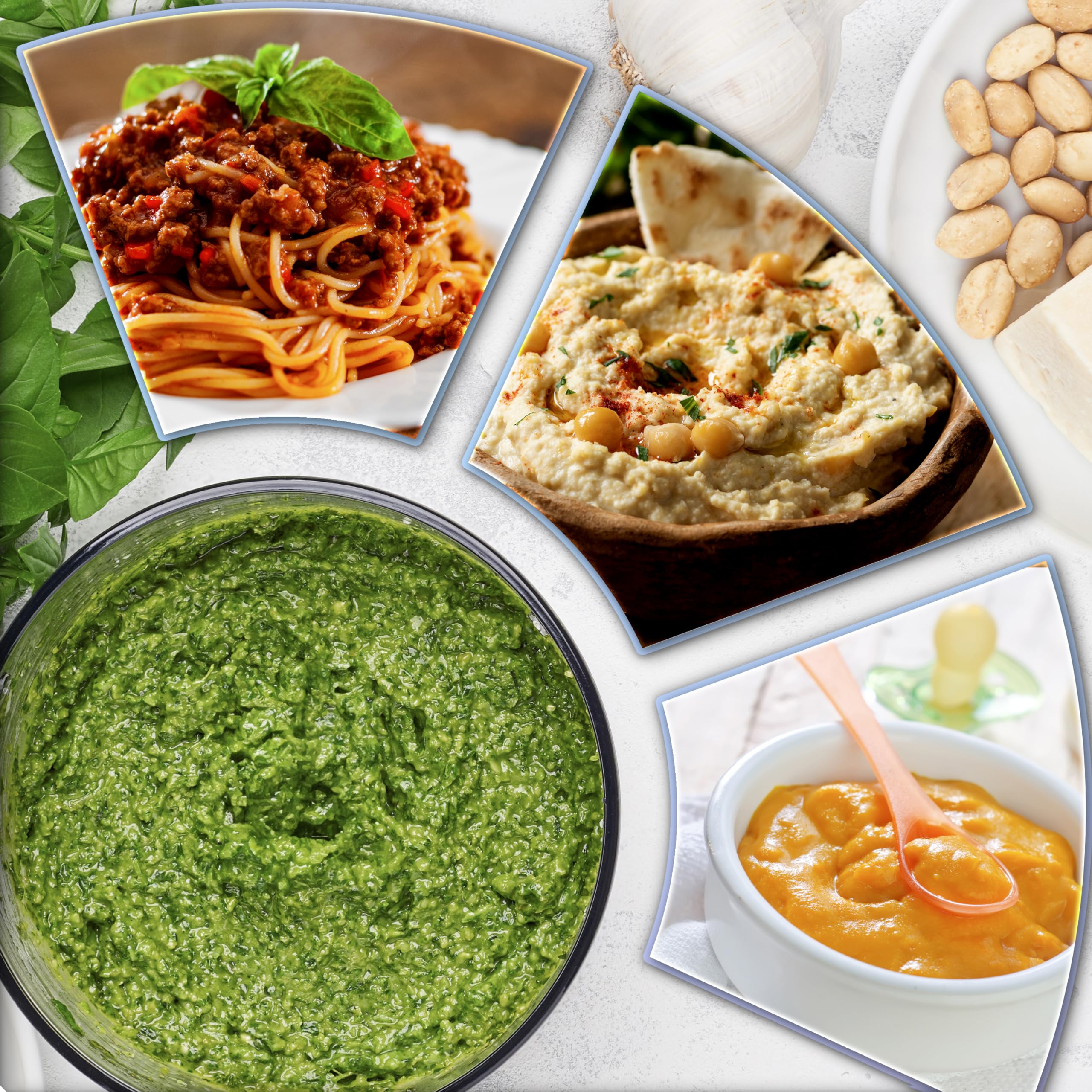 Various ingredients like minced meat, hummus, baby food to be made using the Zoomgoods CH57 BK mini food chopper