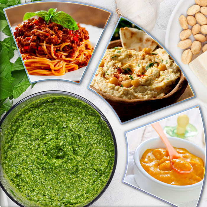 Various ingredients like minced meat, hummus, baby food to be made using the Zoomgoods CH57 BK mini food chopper